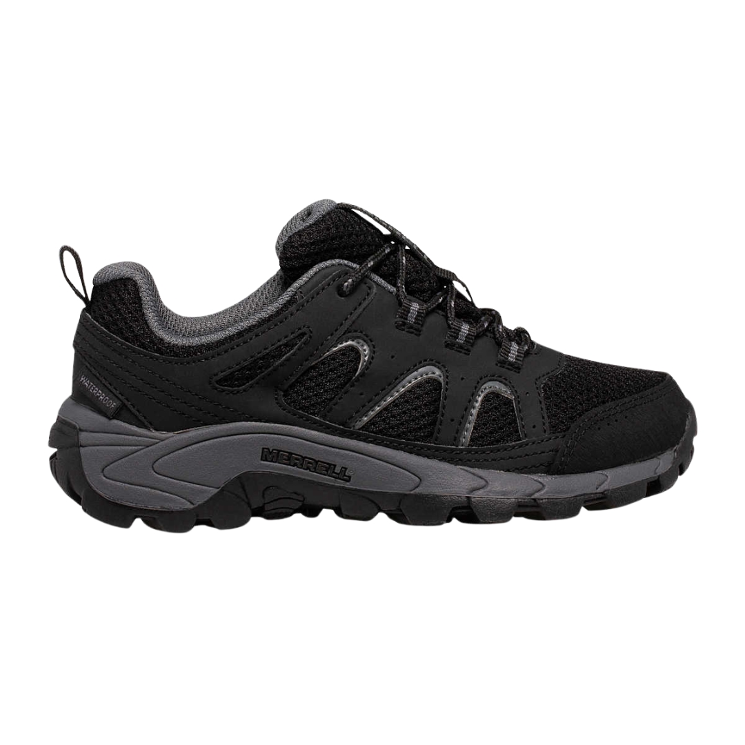 CHAUSSURE DE MARCHE IMPERMÉABLE MERRELL OAKCREEKLOW LACE POUR JUNIOR couleur black/grey vu de la CHAUSSURE noire et grise DE PROFIL DROIT