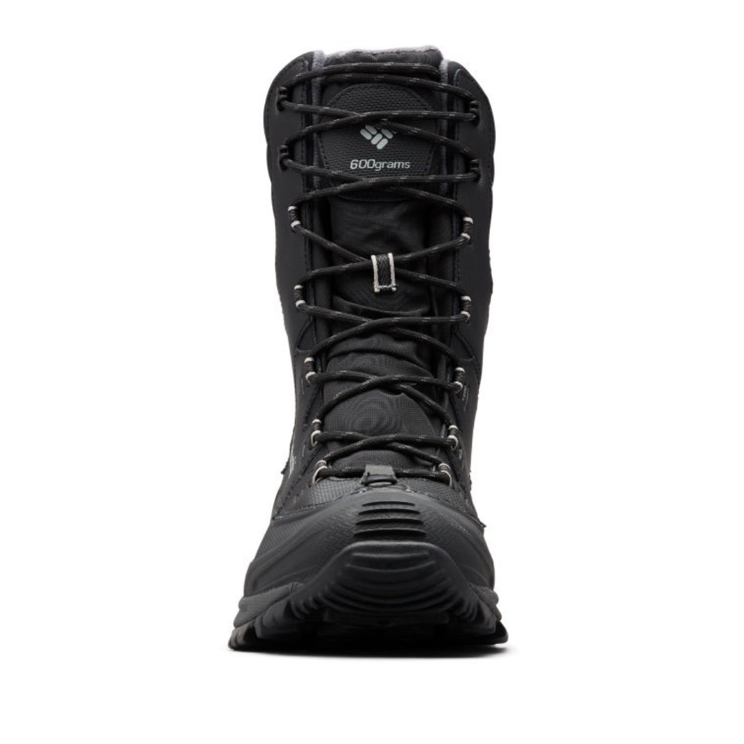 BOTTE D'HIVER ISOLÉE COLUMBIA BUGABOOT III XTM POUR HOMME couleur blakc/columbia grey vu de la botte droite de couleur noire avec détails gris de face