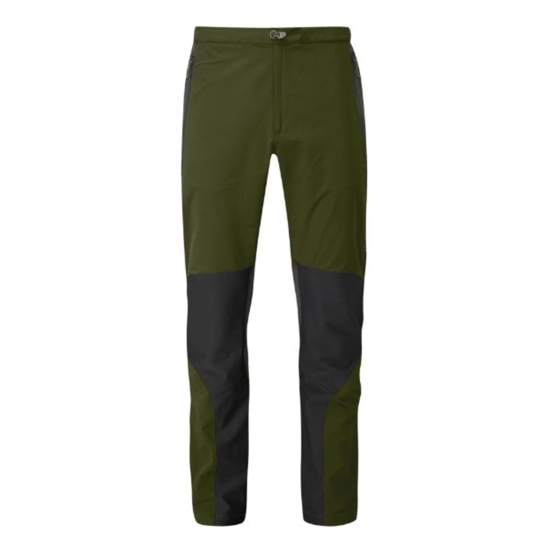 PANTALON DE PLEIN AIR RAB TORQUE POUR HOMME couleur army vu de face pantalon vert avec renfort noir aux genoux cordon de serrage à la taille visible