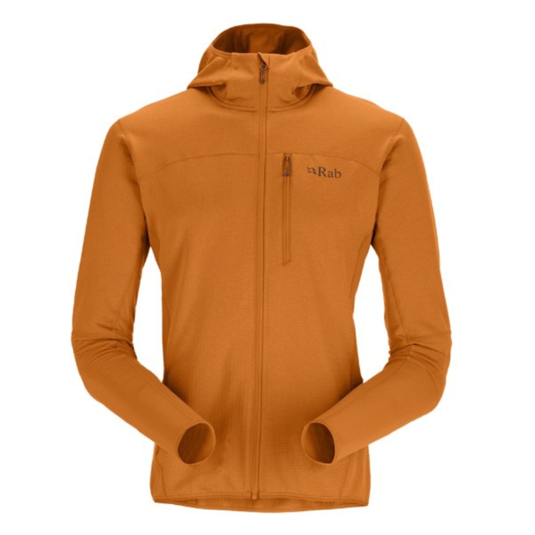 CHANDAIL EN LAINE POLAIRE À CAPUCHON RAB ASCENDOR POUR HOMME couleur marmalade vu de face poche `a fermeture éclaire de piotrine visible ainsi que le logo et nom rab imprimé a la poitrine gauche en brun orangé sur le chandail orange doré