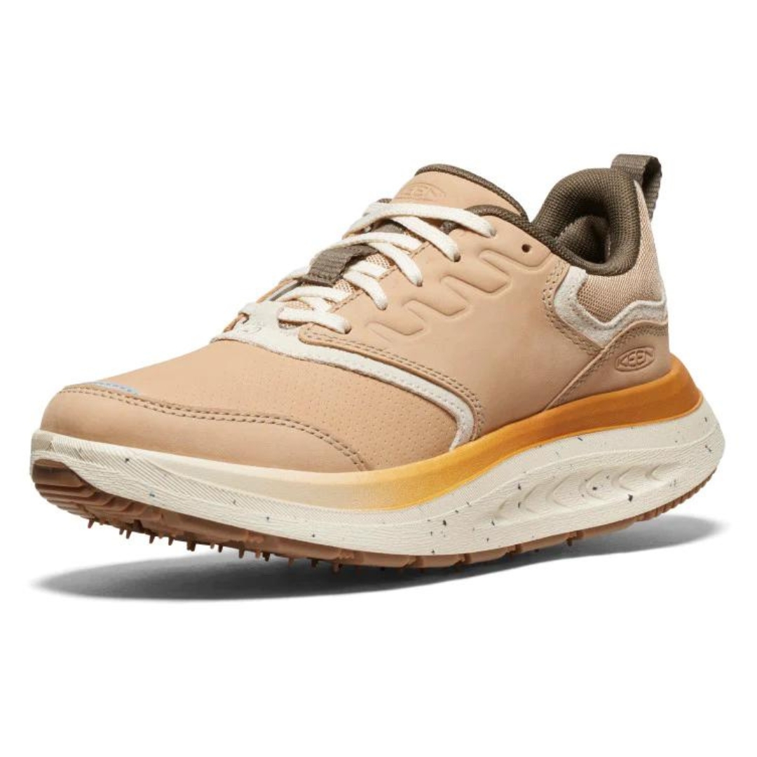CHAUSSURE DE MARCHE KEEN WK400 CUIR POUR FEMME COULEUR SAFARI/BIRCH VU DE LA CHAUSSURE PÊCHE ET CRÈME DE PROFIL AVANT GAUCHE