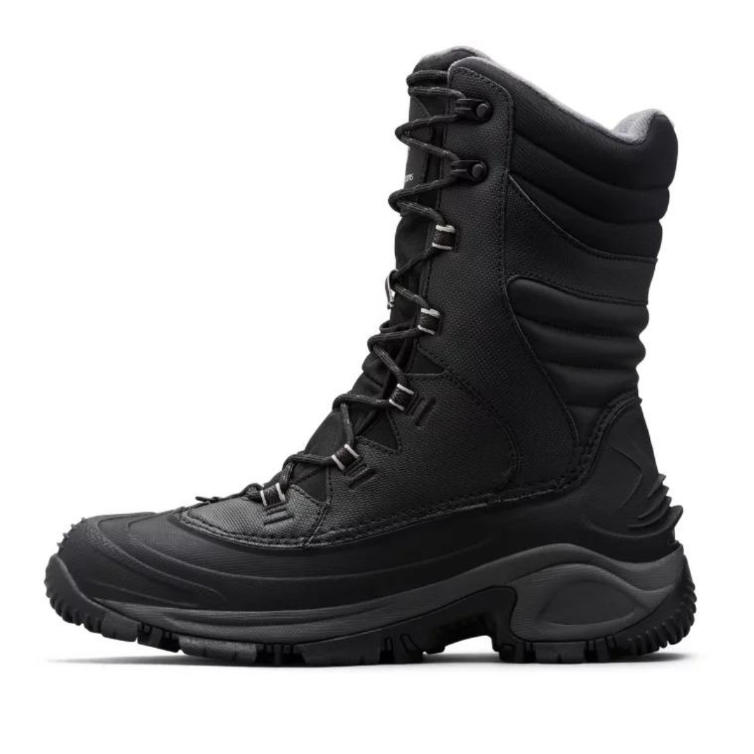 BOTTE D'HIVER ISOLÉE COLUMBIA BUGABOOT III XTM POUR HOMME couleur blakc/columbia grey vu de la botte droite de couleur noire avec détails gris de profil gauche