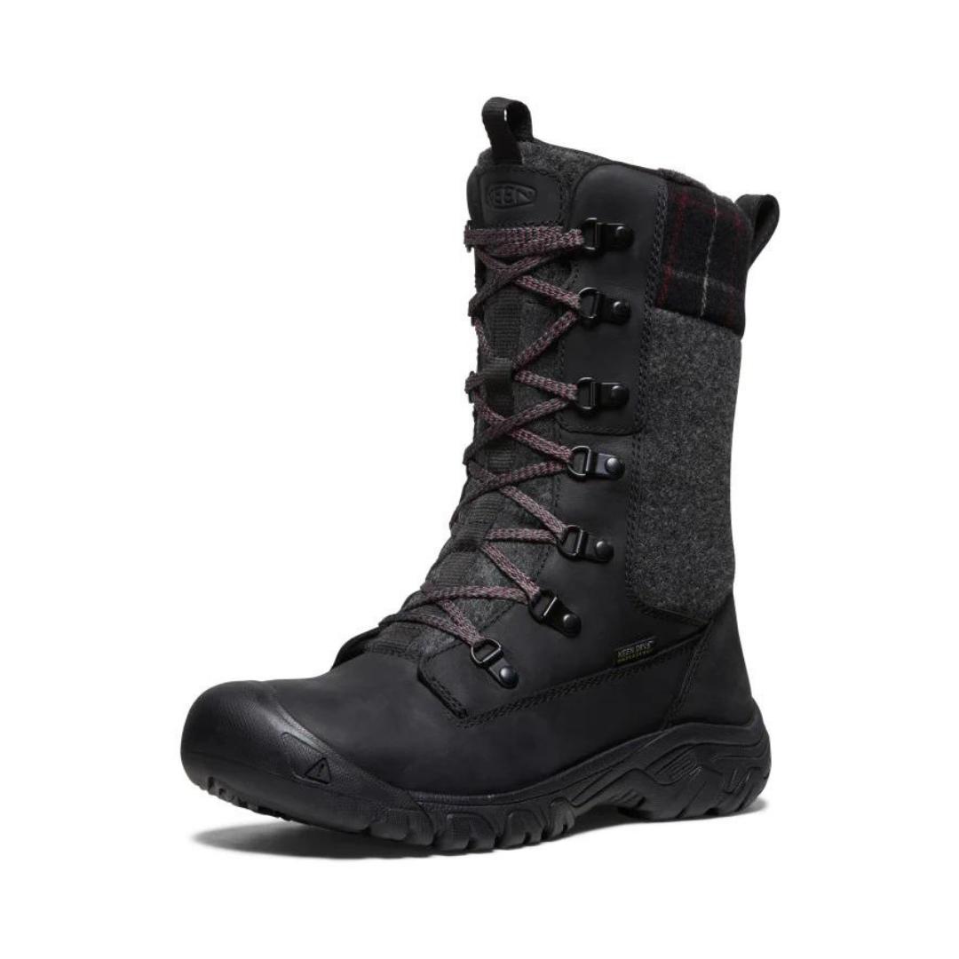 BOTTE D'HIVER IMPERMÉABLE KEEN GRETA BOOT POUR FEMME couleur blak/black vue de la botte noire, grise et tissu à carreau de profil avant gauche