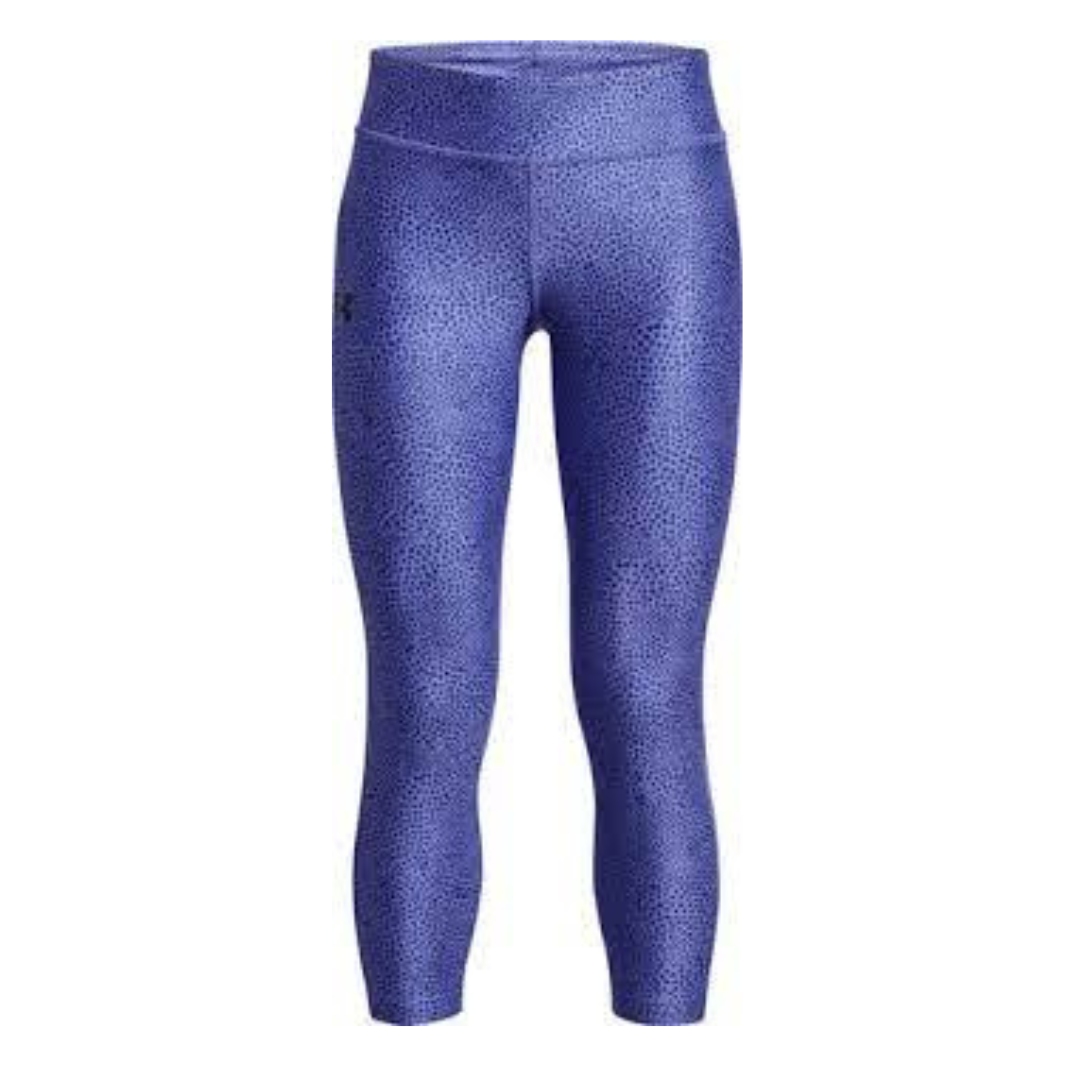 LEGGING À LA CHEVILLE IMPRIMÉ UNDER ARMOUR HEATGEAR ARMOUR POUR FILLE COULEUR BAJA BLUE/BLACK VU DE FACE LARGE BANDE DE TAILLE VISIBLE SUR LE LEGGING 3/4 BLEU VIOLET À POINTS NOIRS