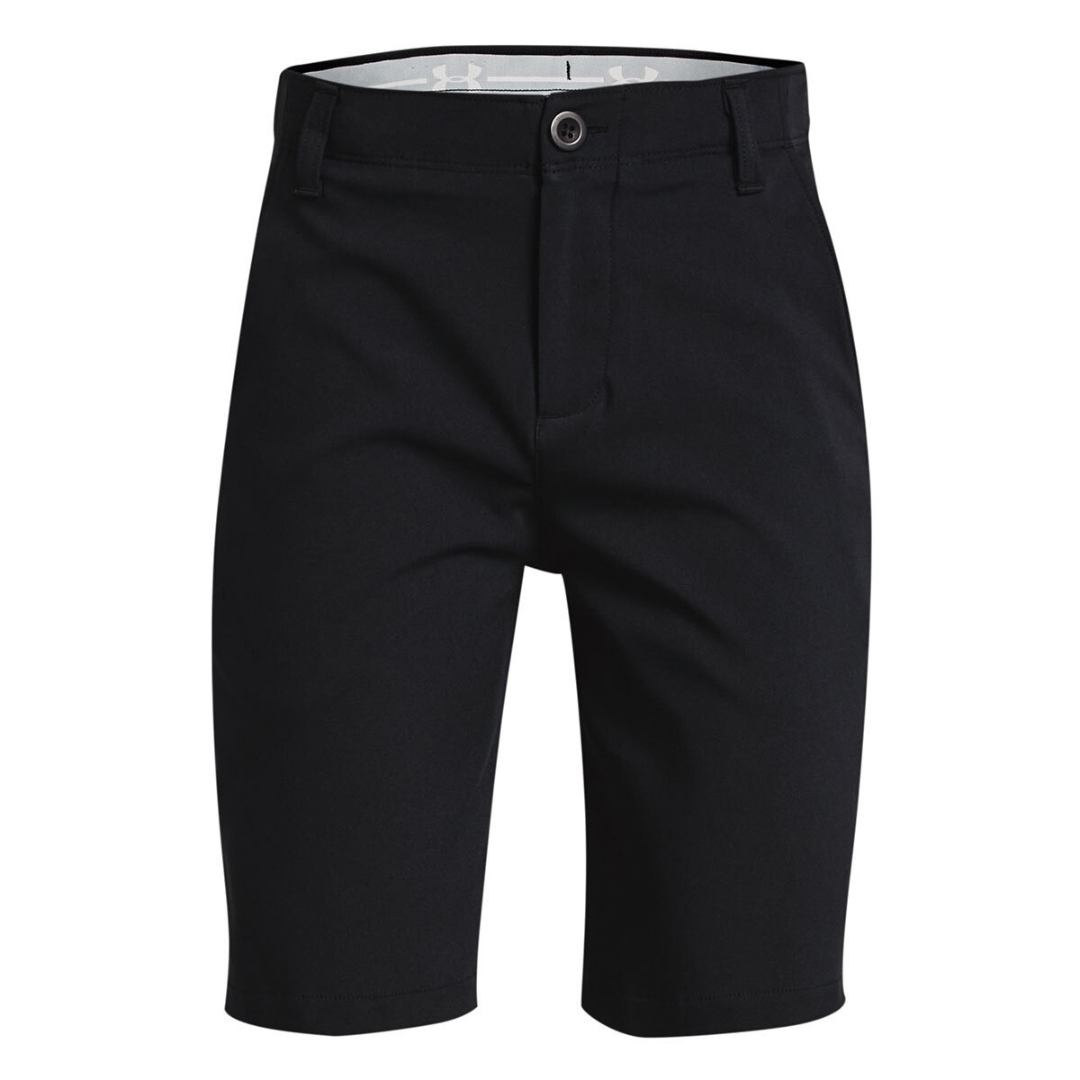 SHORT UNDER ARMOUR UA SHOWDOWN POUR GARÇON couleur 001-BLACK/MOD GRAY/HALO GRAY vu de face passant pour ceinture visibles à la taille, bouton de la braguette également poches latérales pour les mains sur le short noir