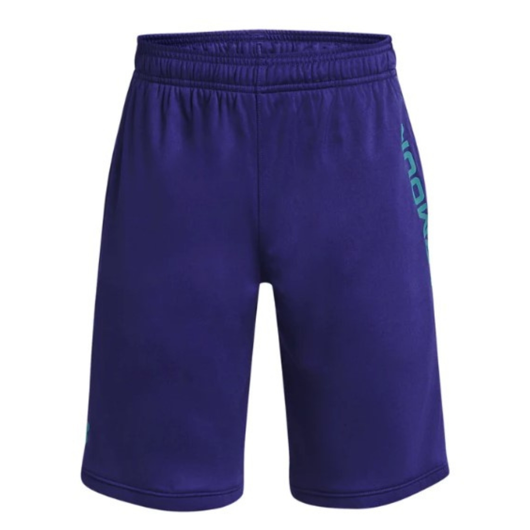 SHORT IMPRIMÉ UNDER ARMOUR UA STUNT 3.0 POUR GARÇON couleur 468-SONAR BLUE/GLACIER BLUE/GLACIER BLUE vue de face avec le mon under armour imprimé en bleu turuqoise sur le short bleu marin royal à taille élastique