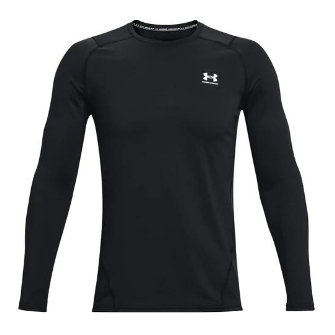 CHANDAIL AJUSTÉ À MANCHES LONGUES UNDER ARMOUR HEATGEAR ARMOUR POUR HOMME couleur 001-BLACK/WHITE vu de face logo et nom under armour imprimé en blanc à la poitrine gauche du chandail noir manches raglans et filet visible