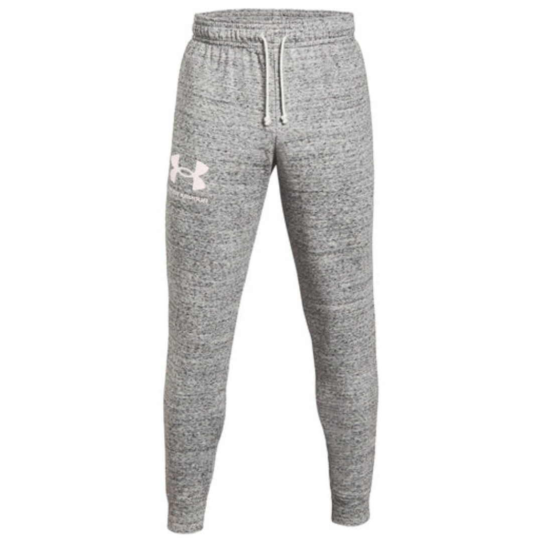 PANTALON JOGGER LONG UNDER ARMOUR UA RIVAL TERRY POUR HOMME couleur 112-ONYX WHITE/ONYX WHITE vu de face cordon de serrage, logo imprimé en blanc à la cuisse droite taille élastique et la jambe fuselée du pantalon gris chiné