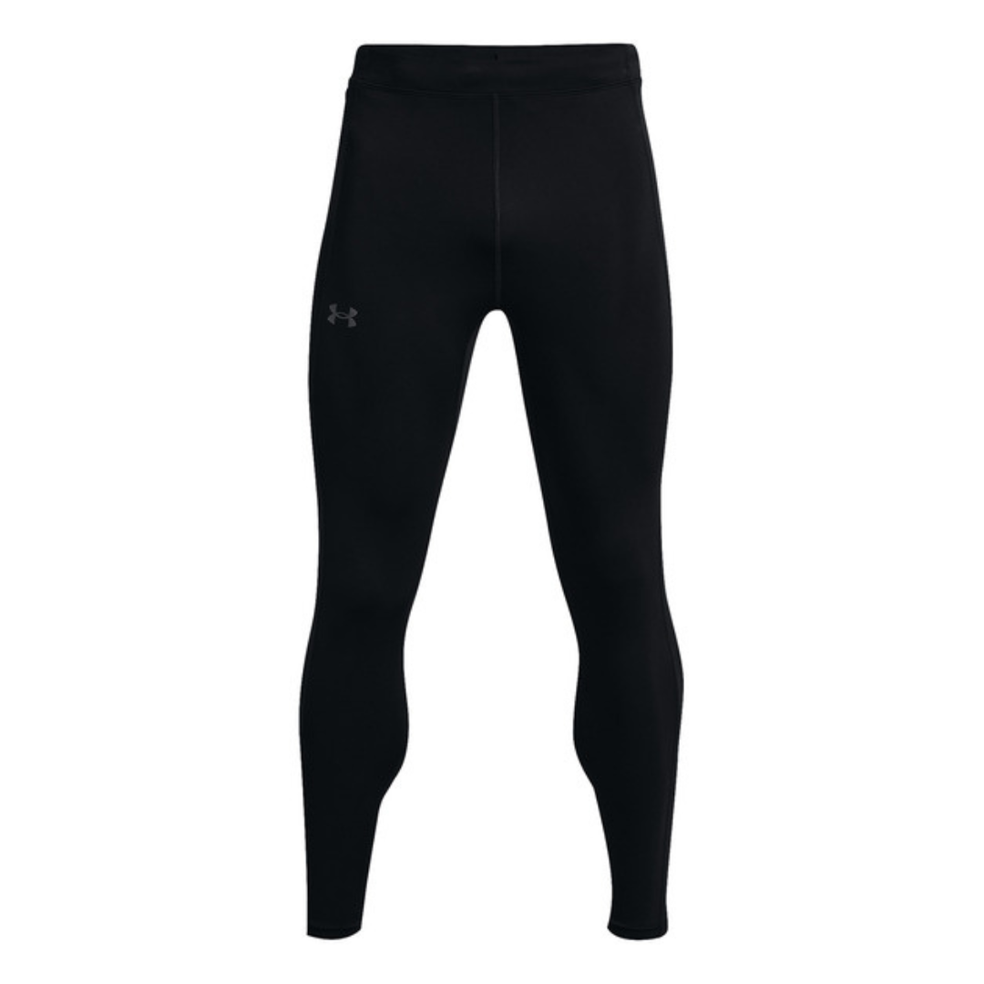 LEGGING UNDER ARMOUR UA FLY FAST 3.0 POUR HOMME couleur 001-BLACK/BLACK/REFLECTIVE vu de face logo under armour imprimé `à la cuisse droite visible ainsi que la bande de taille élastiques