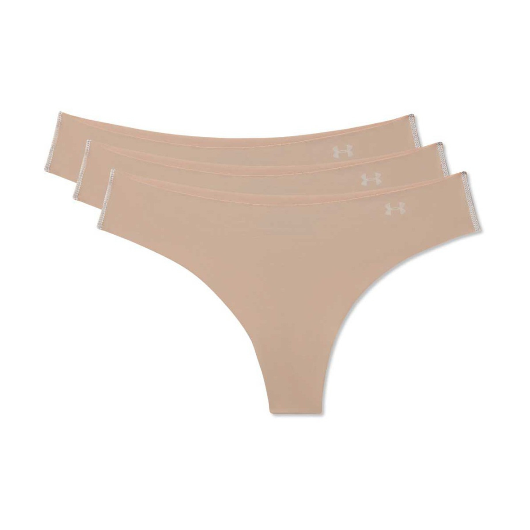 STRING UNDER ARMOUR UA PURE STRETCH POUR FEMME COULEUR 295-NUDE/NUDE VUES DE FACE 3 CULOTTES BEIGE AVEC LOGO UNDER ARMOUR IMPRIMÉ AU CÔTÉ AVANT GAUCHE