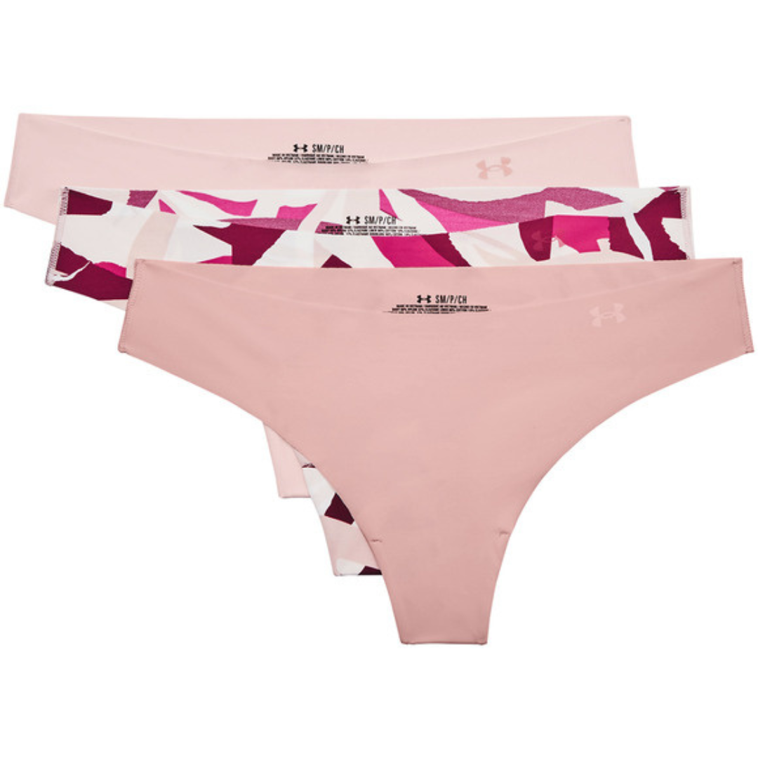 STRING UNDER ARMOUR UA PURE STRETCH POUR FEMME COULEUR676-RETRO PINK/PINK NOTE/PINK NOTE vue des 3 strings un vieux rose foncé, un vieux rose pale et un imprimé tons de rose