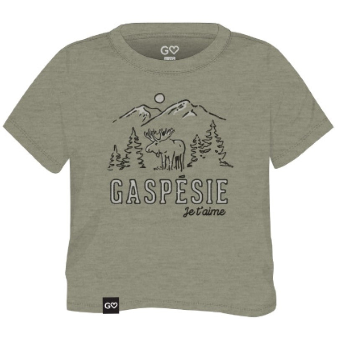 T-SHIRT GASPÉSIE JE T’AIME LOGO ORIGNAL POUR BÉBÉ COULEUR VERT MILITAIRE CENDRÉ