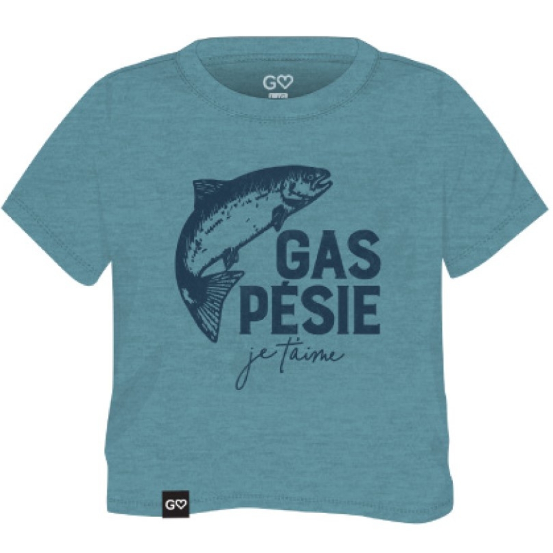 T-SHIRT GASPÉSIE JE T’AIME LOGO SAUMON POUR BÉBÉ COULEUR SURF