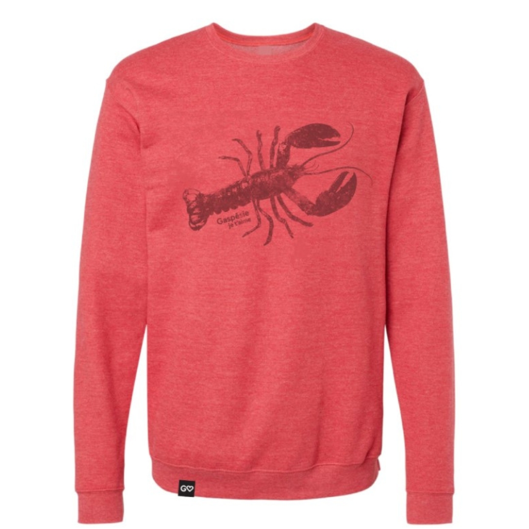 CHANDAIL CREW NECK À MANCHES LONGUES GASPÉSIE JE T’AIME LOGO HOMARD UNISEXE ADULTE couleur rouge cendré