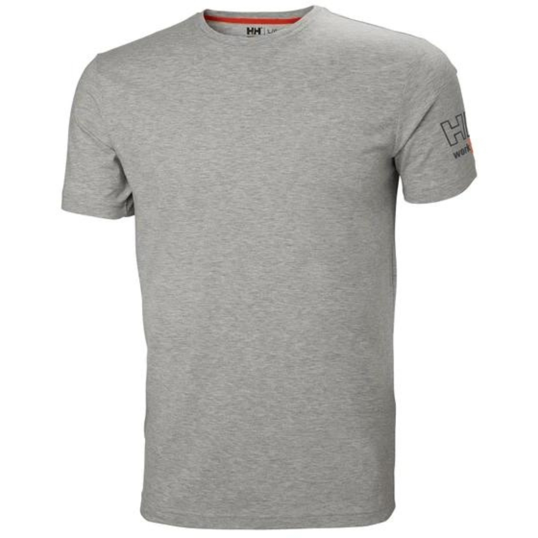 T-SHIRT DE TRAVAIL HELLY HANSEN WORKWEAR KENSINGTON POUR HOMME couleur grey melange chandail seul vu de face logo hh workwear visible sur la manche droite du chandail gris