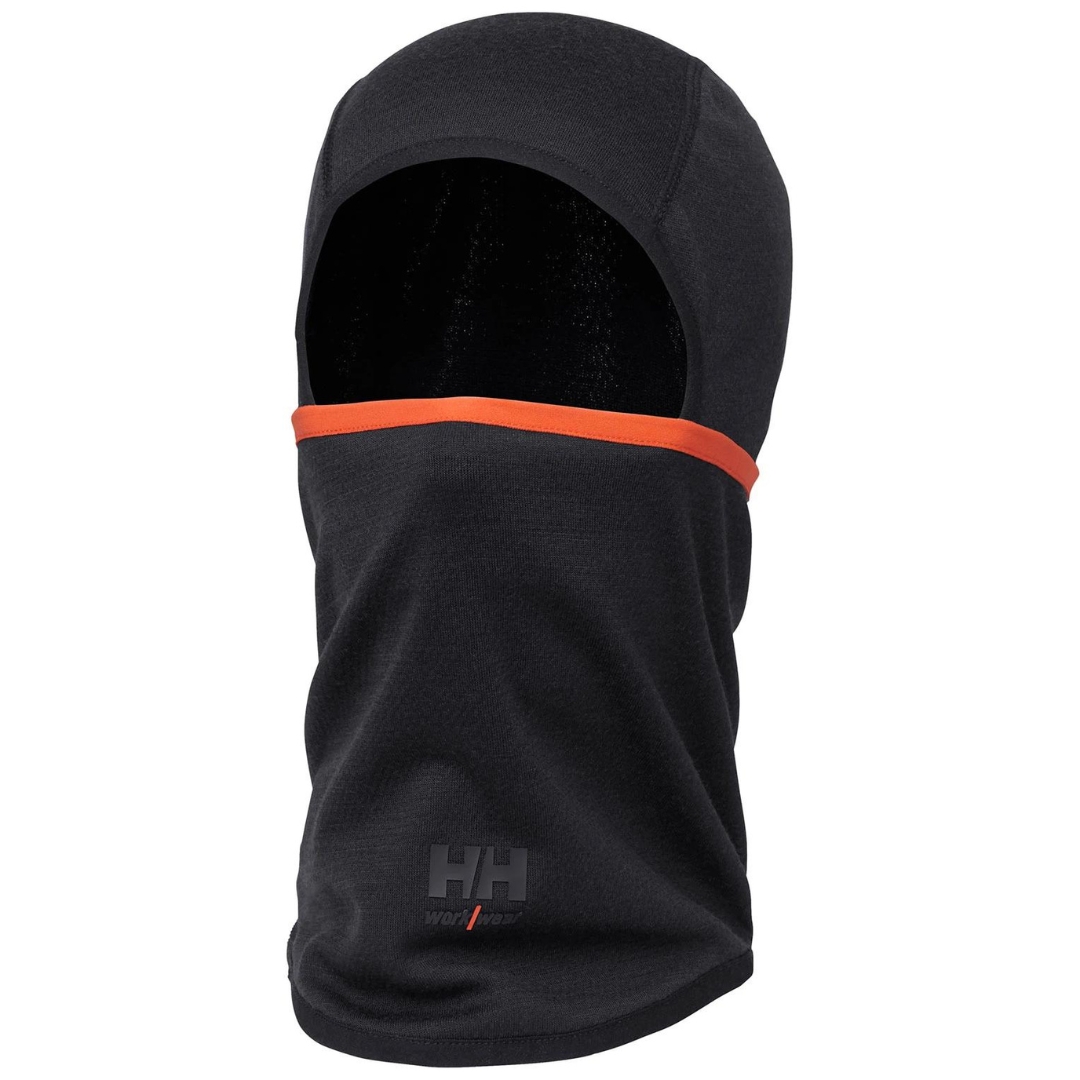 BALACLAVA HELLY HANSEN WORKWEAR HH LIFA MERINO PRO POUR ADULTE COULEUR BLACK LOGO HH WORKWEAR VISIBLE AU BAS CENTRAL, BANDE ORANGÉE SUR LE CONTOUR VISIBLE