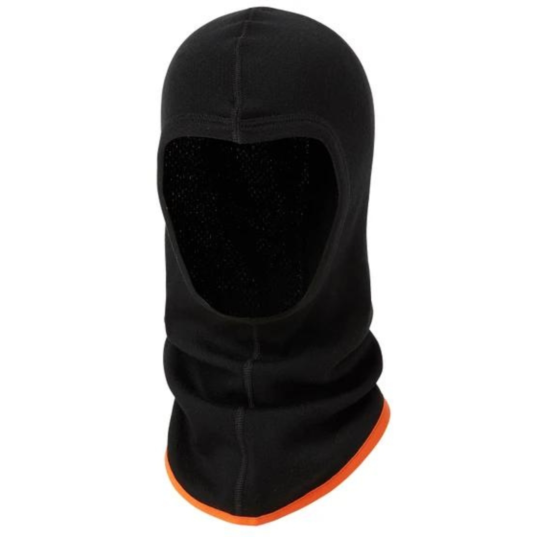 BALACLAVA HELLY HANSEN WORKWEAR LIFA MERINO POUR ADULTE COULEUR BLACK VU DE FACE CAGOULE ENTRIÈREMENT NOIRE AVEC BANDE ORANGÉE AU BAS