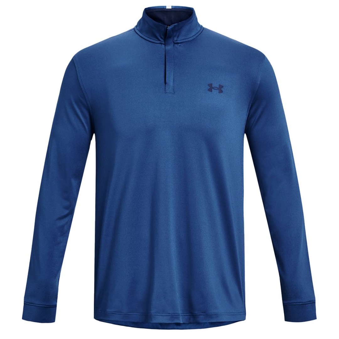 CHANDAIL À MANCHES LONGUES UNDER ARMOUR UA PLAYOFF 1/4 ZIP POUR HOMME couleur 471-BLUE MIRAGE/MIDNIGHT NAVY vu de face chandail bleu à col montant logo under armour à la poitrine gauche imprimé en noir fermeture éclaire 1/4 visible au col