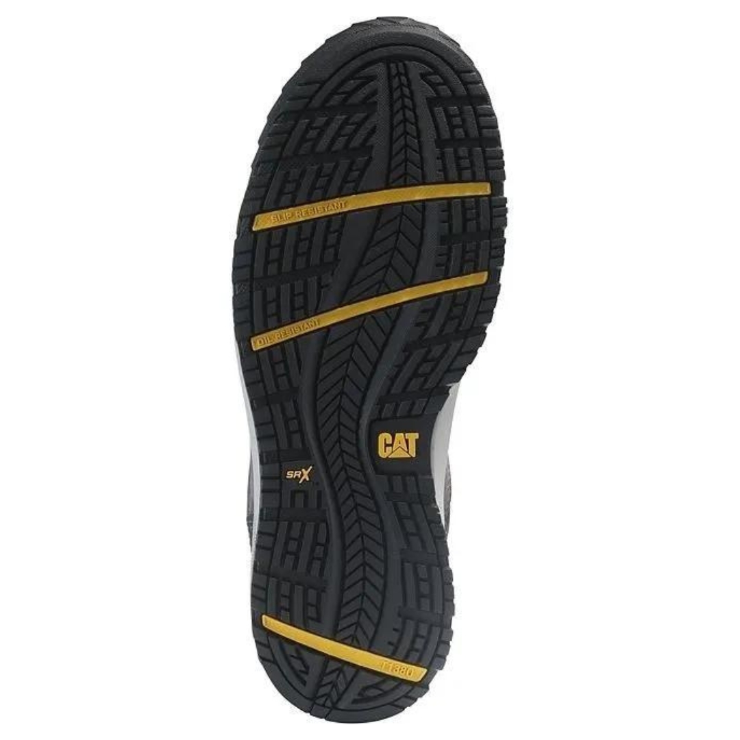 SOULIER DE SÉCURITÉ CAT CONVERGE POUR HOMME couleur gris vue de la semelle d'usure noire et jaune