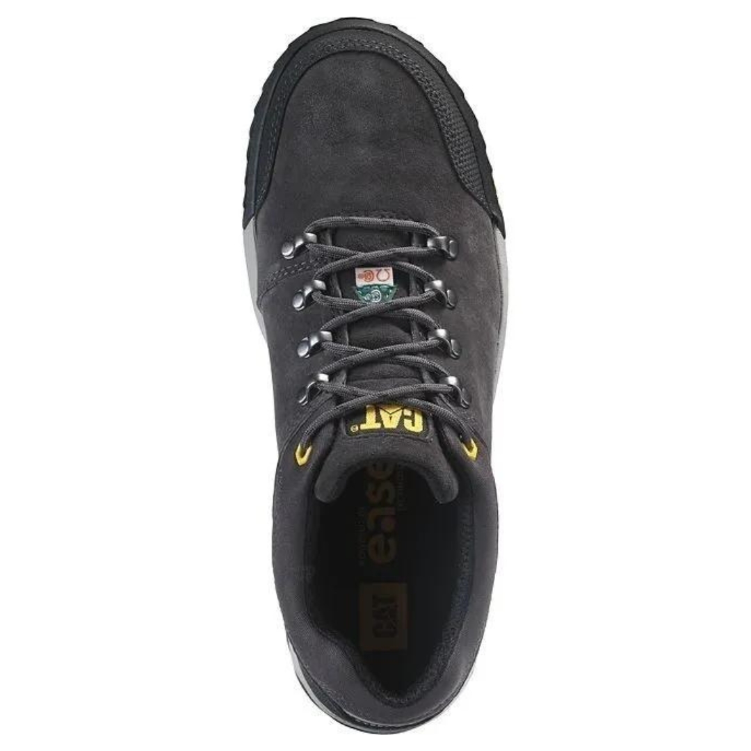 SOULIER DE SÉCURITÉ CAT CONVERGE POUR HOMME couleur gris vue du dessus de la chaussure doite, système de laçage visible homologation csa visible sur la langue