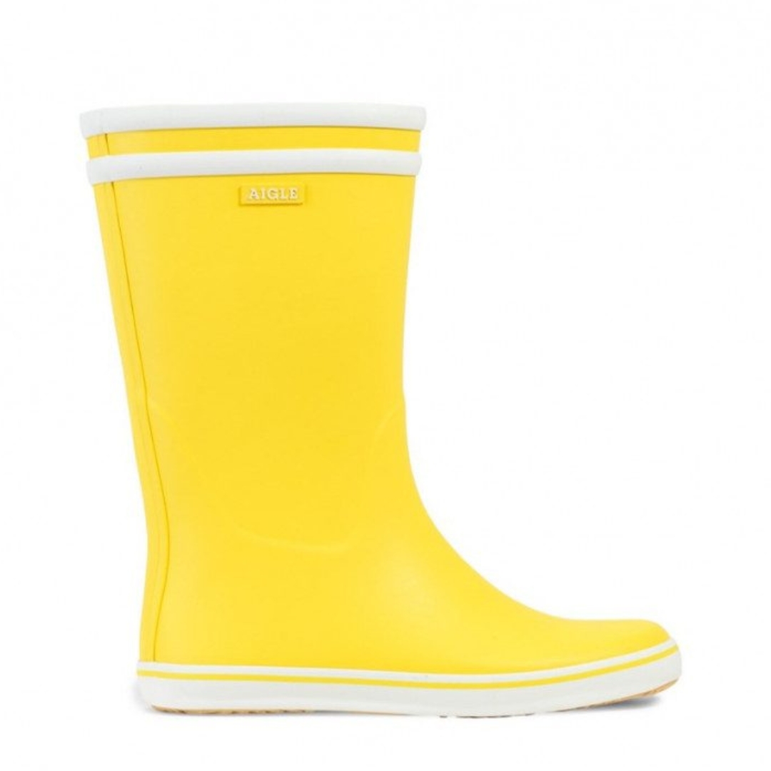 BOTTE DE PLUIE AIGLE MALOUINE POUR FEMME couleur jaune vue de profil droit de la botte droite jaune et blanche