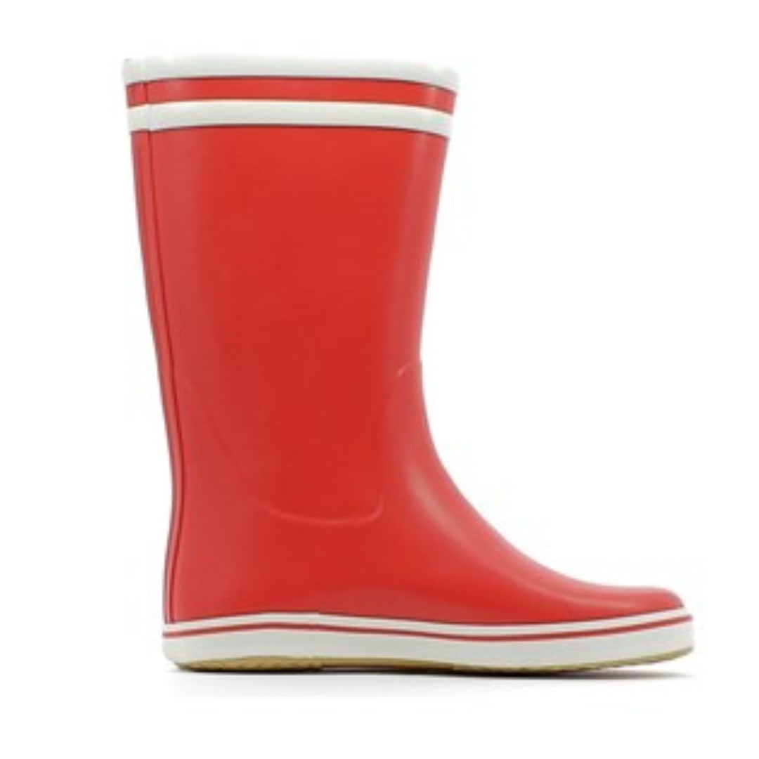 BOTTE DE PLUIE AIGLE MALOUINE POUR FEMME couleur rouge vue de profil droit de la botte droite rouge et blanche