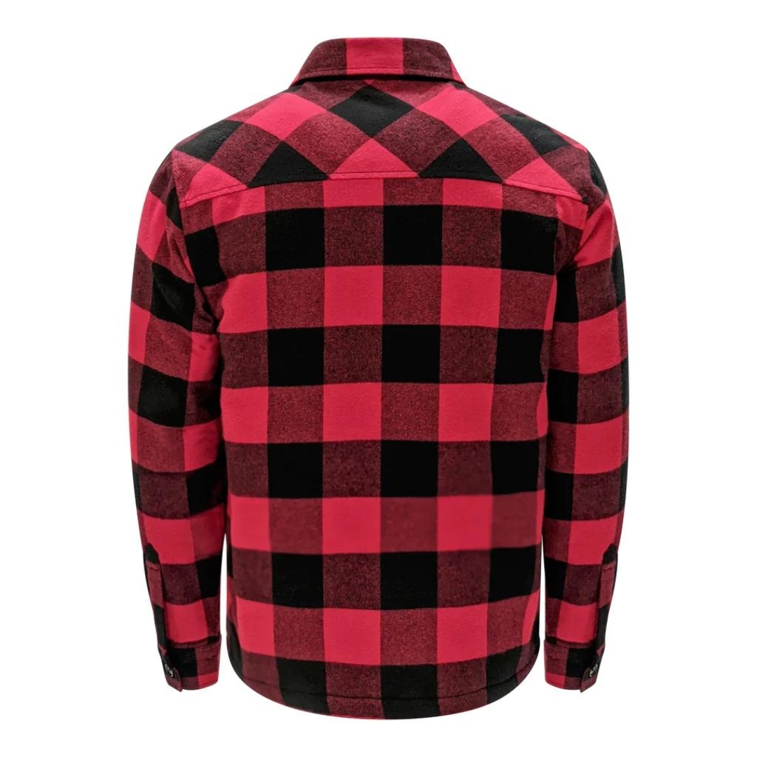CHEMISE DE TRAVAIL EN FLANELLE TASK DOUBLÉE EN SHERPA AVEC FERMETURE ÉCLAIR POUR HOMME COULEUR RED VUE DE DOS CHEMISE CARRAUTÉE NOIRE ET ROUGE ÀVEC COL CHEMISE