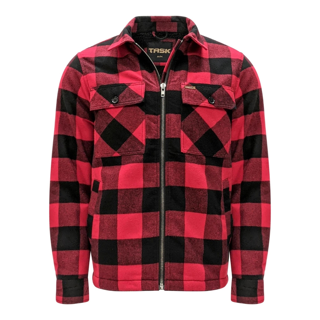 CHEMISE DE TRAVAIL EN FLANELLE TASK DOUBLÉE EN SHERPA AVEC FERMETURE ÉCLAIR POUR HOMME COULEUR RED VUE DE FACE FERMETURE ÉCLAIRE PLEINE LONGUERU AU DEVANT DE LA CHEMISE À MANCHES LONGUES CARRAUTÉE ROUGE ET NOIR