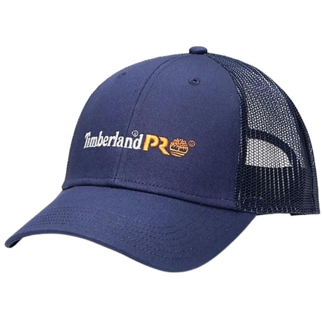 CASQUETTE TIMBERLAND PRO CORE LOGO LOW PROFILE TRUCKER POUR HOMME COULEUR NAVY VUE DE FACE LOGO TIMBERLAND PRO BRODÉ AU DEVANT VISIBLE SUR LA CASQUETTE BLEUE MARINE AVEC VISIÈRE PRÉ-COURBÉE ET PANNEAUX ARRIÈRE EN FILET