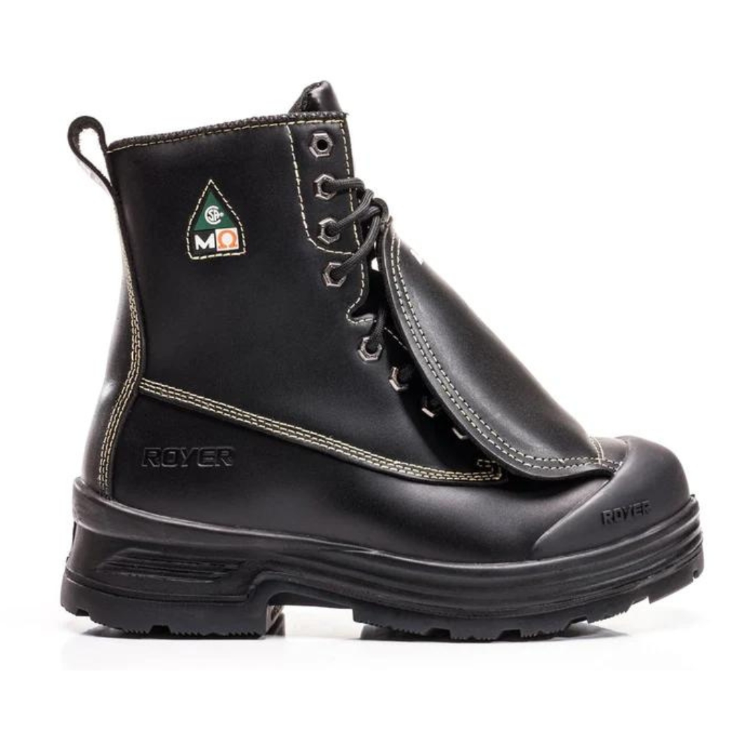 BOTTE DE SÉCURITÉ ROYER 8" 4-DENSITÉ POUR HOMME couleur noir vue de profil droit de la botte droite logo csa visibles le mon royer embossé dans le cuir au niveau du talon sur la botte entie`rement noire