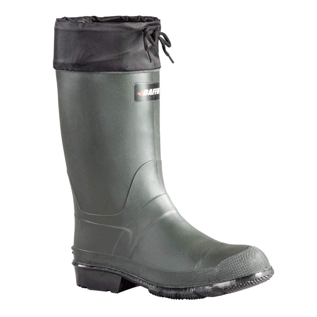 BOTTE DE SÉCURITÉ BAFFIN HUNTER POUR HOMME couleur vert vu de la botte droite de profil droit lgo baffin au devant de la tige, botte verte avec col anti-neige en nylon noir avec cordon de serrage