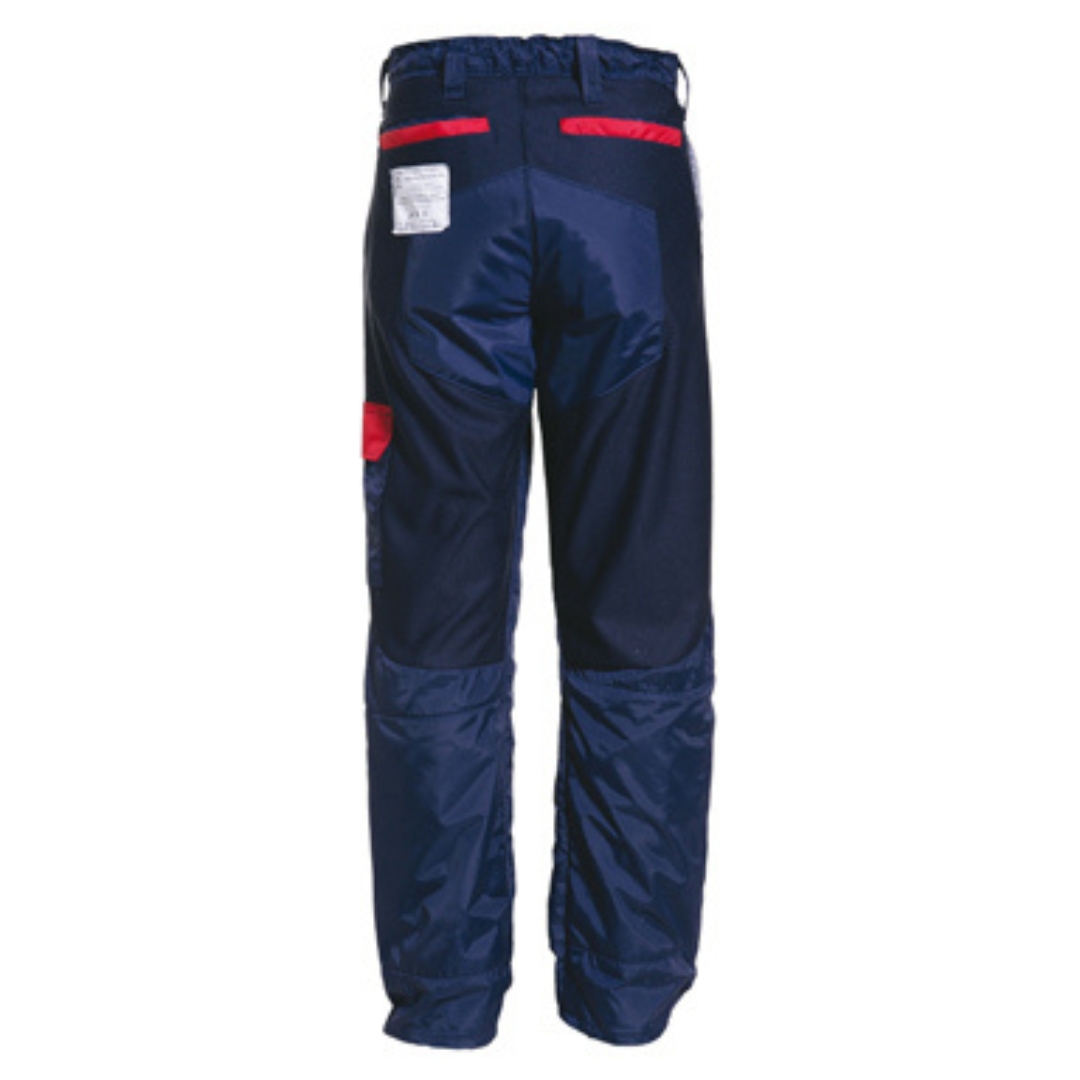 PANTALON DE PROTECTION KINGTREADS POUR BÛCHERON COULEUR BLEU VU DE L'ARRIÈRE BANDE ROUGE POUR LES POCHES AUX FESSES PASSANTS POUR CEINTURE VISIBLE