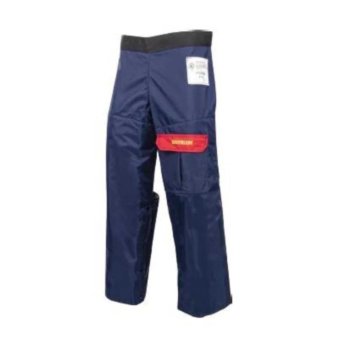 JAMBIÈRE DE PROTECTION KINGTREADS POUR BÛCHERON couleur bleu vu de l'avant rabat de la poche de cuisse rouge sur la jambière bleue marine