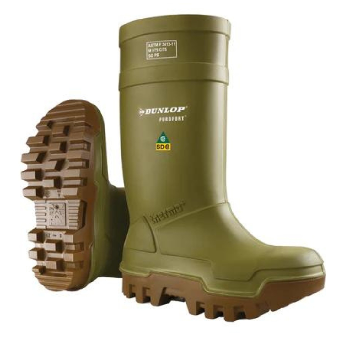 BOTTE DE SÉCURITÉ IMPERMÉABLE DUNLOP PUROFORT THERMO+ POUR HOMME couleur vert vue de profil droit de la botte droite ainsi que la semelle d'usure de la botte gauche