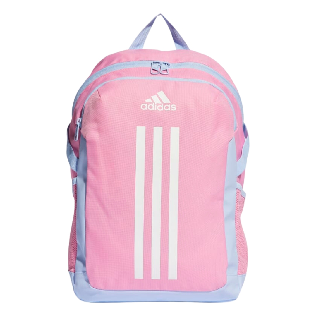 SAC À DOS ADIDAS POWER POUR JEUNE couleur bliss pink vue de face sac à dos rose bonbon avec logo et 3 bandes blanches emblématique au devant, contours, détails et fermeture éclair bleu poudre