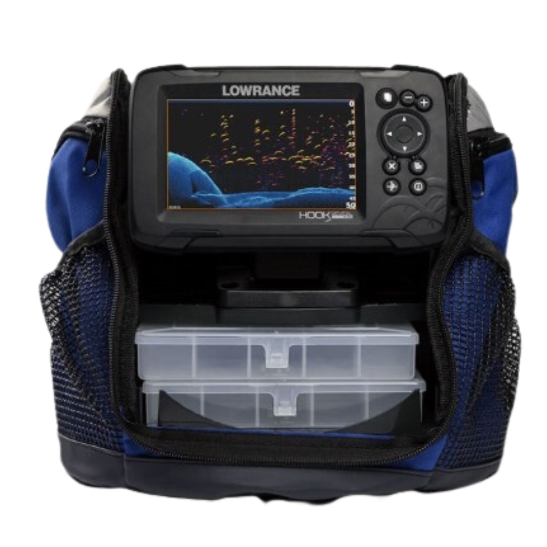 SONAR PORTATIF LOWRANCE HOOK REVEAL 5 SPLIT SHOT ALL SEASONVUE DU SONAR DANS UN SAC À PÊCHE