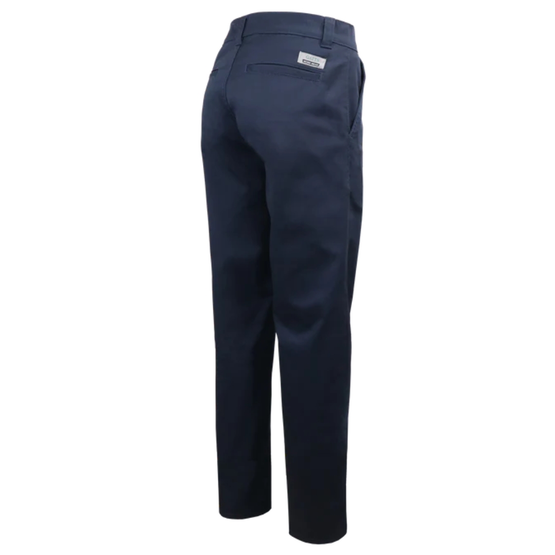 PANTALON DE TRAVAIL EXTENSIBLE GATTS POUR HOMME couleur navy vu de profil arrière droit poches arrières visibles, écusson gatts cousur au haut de la poche droite sur le pantalon bleu marin
