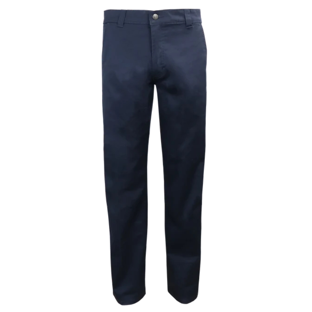 PANTALON DE TRAVAIL EXTENSIBLE GATTS POUR HOMME couleur navy vu de face, bouton métallique à la braguette visible passant pour la ceinture et poche latérale pour les mains visible éaglement