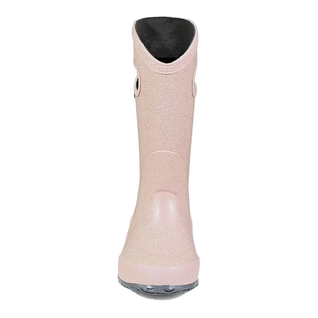 BOTTE DE PLUIE BOGS RAINBOOT GLITTER POUR ENFANT ET JUNIOR couleur rose gold vu de la botte droite de face la botte rose pale avec des brillants, semelle d'usure grise, le nom bogs est embossé le long du haut de la tige en bordure
