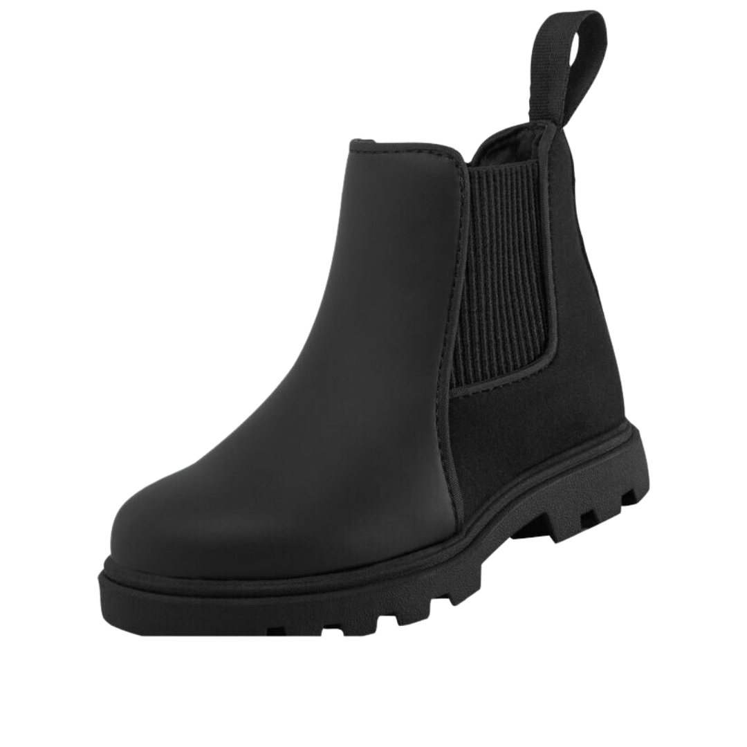 BOTTE DE PLUIE NATIVE KENSINGTON TREKLITE couleur JIFFY BLACK vue de la botte gauche vue de profil avant gauche, corps de la botte noire mat, languette de tirage à l'arrière, côté élastiques en noir