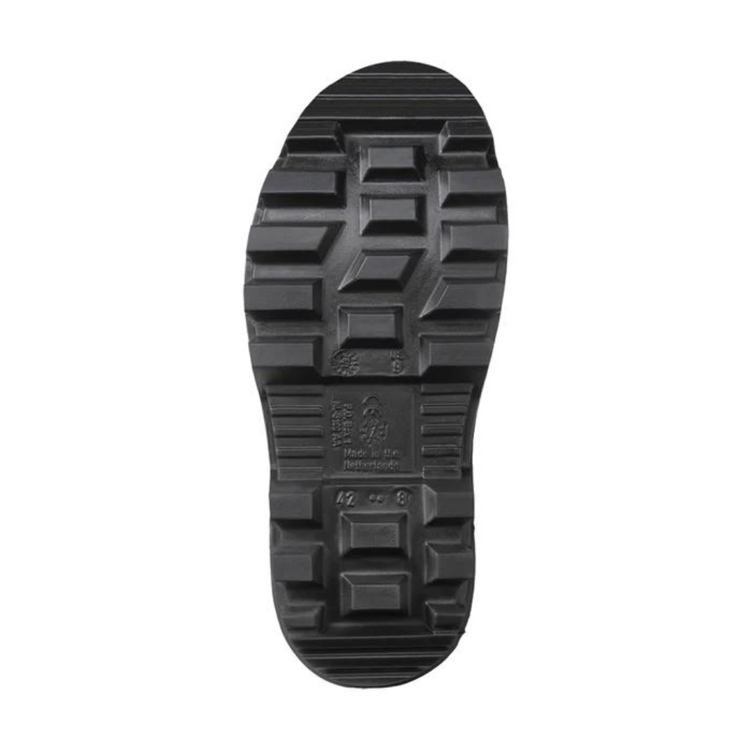 BOTTE DE SÉCURITÉ IMPERMÉABLE DUNLOP PUROFORT THERMO+ POUR HOMME couleur noir vue de la semelle d'usure de couleur noire avec de gros crampons