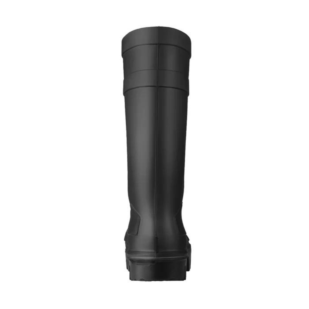 BOTTE DE SÉCURITÉ IMPERMÉABLE DUNLOP PUROFORT THERMO+ POUR HOMME couleur noir vue de la botte droite de l'arrière, botte et semelle d'usure noire