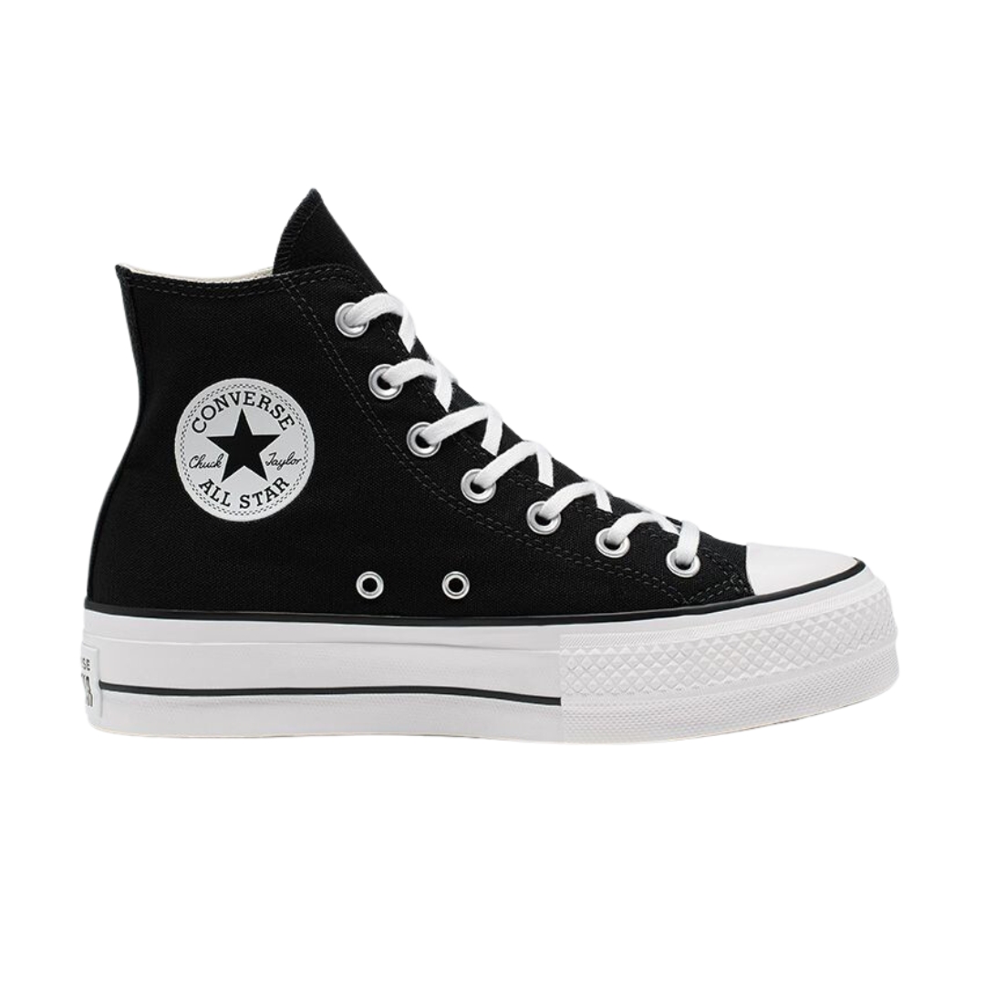 CHAUSSURE URBAINE CONVERSE CHUCK TAYLOR ALL STAR PLATEFORM HIGH TOP POUR FEMME couleur noir/blanc vue de la chaussure droite de profil droit corps de la chaussure noire, semelle d'usure blanche, logo imprimé à la cheville Converse Chuck Taylor all star, anneaux d'aération visibles, lacet blanc