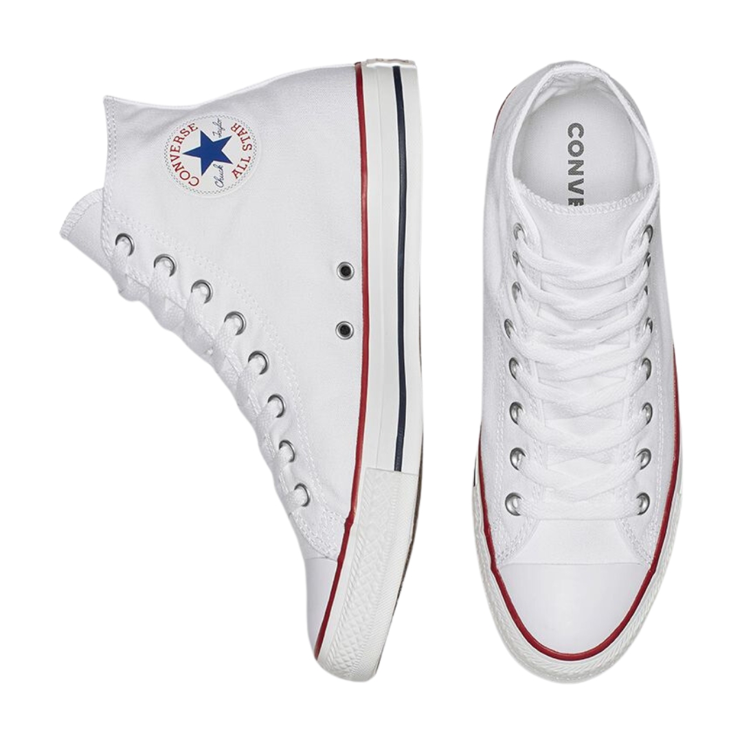 CHAUSSURE URBAINE CONVERSE CHUCK TAYLOR ALL STAR HI TOP POUR HOMME couleur blanc optique vue des deux chaussure une du desssus et l'autre du coté extérieur, corps de la chaussure blanc, lacet blanc