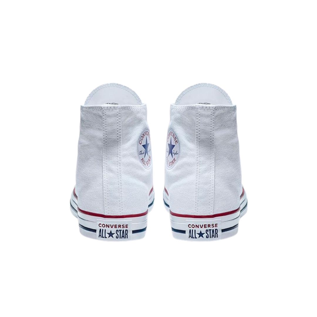 CHAUSSURE URBAINE CONVERSE CHUCK TAYLOR ALL STAR HI TOP POUR HOMME couleur blanc optique vue des deux souliers de l'arrière, corps du soulier blanc, logo converse all star sur le contour de la semelle d'usure au talon