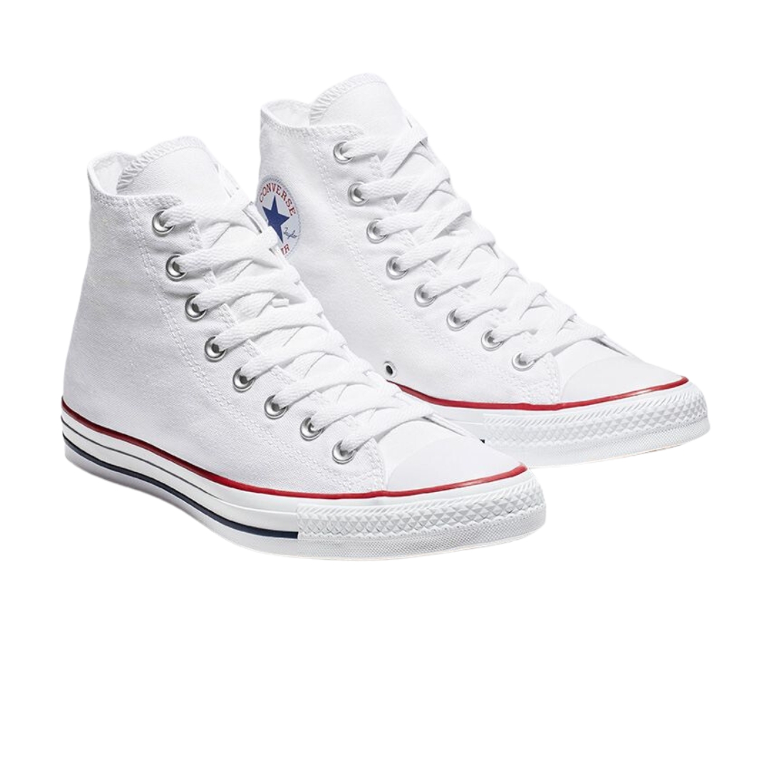 CHAUSSURE URBAINE CONVERSE CHUCK TAYLOR ALL STAR HI TOP POUR HOMME couleur blanc optique vue des deux souliers de profil avant droit, corps du soulier noir, semelle d,USUre blanche, lacet blanc, logo converse al star sur le coté interne au niveau de la cheville
