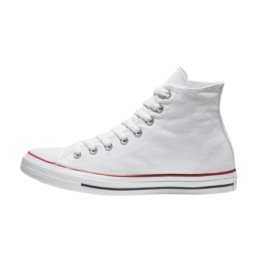CHAUSSURE URBAINE CONVERSE CHUCK TAYLOR ALL STAR HI TOP POUR HOMME couleur blanc optique vu de la chaussure gauche de profil gauche, corps du soulier blanc, ligne de contour de la semelle en rouge et une ligne marine au centre du contour de la semelle d'usure