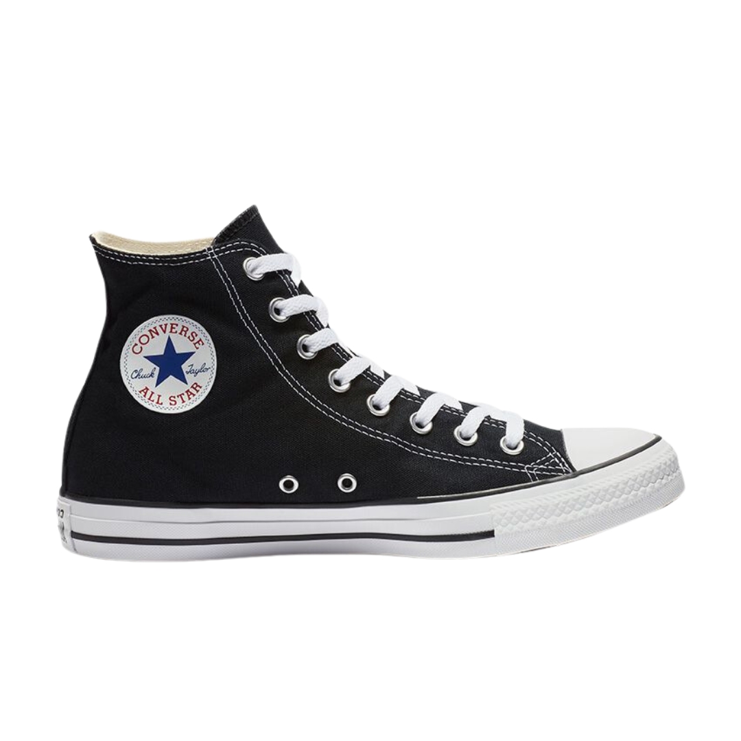 CHAUSSURE URBAINE CONVERSE CHUCK TAYLOR ALL STAR HI TOP POUR HOMME couleur noir vue de la chaussure droite de profil droit corps de la chaussure noire, semelle d'usure blanche, logo imprimé à la cheville Converse Chuck Taylor all star, anneaux d'aération visibles, lacet blanc