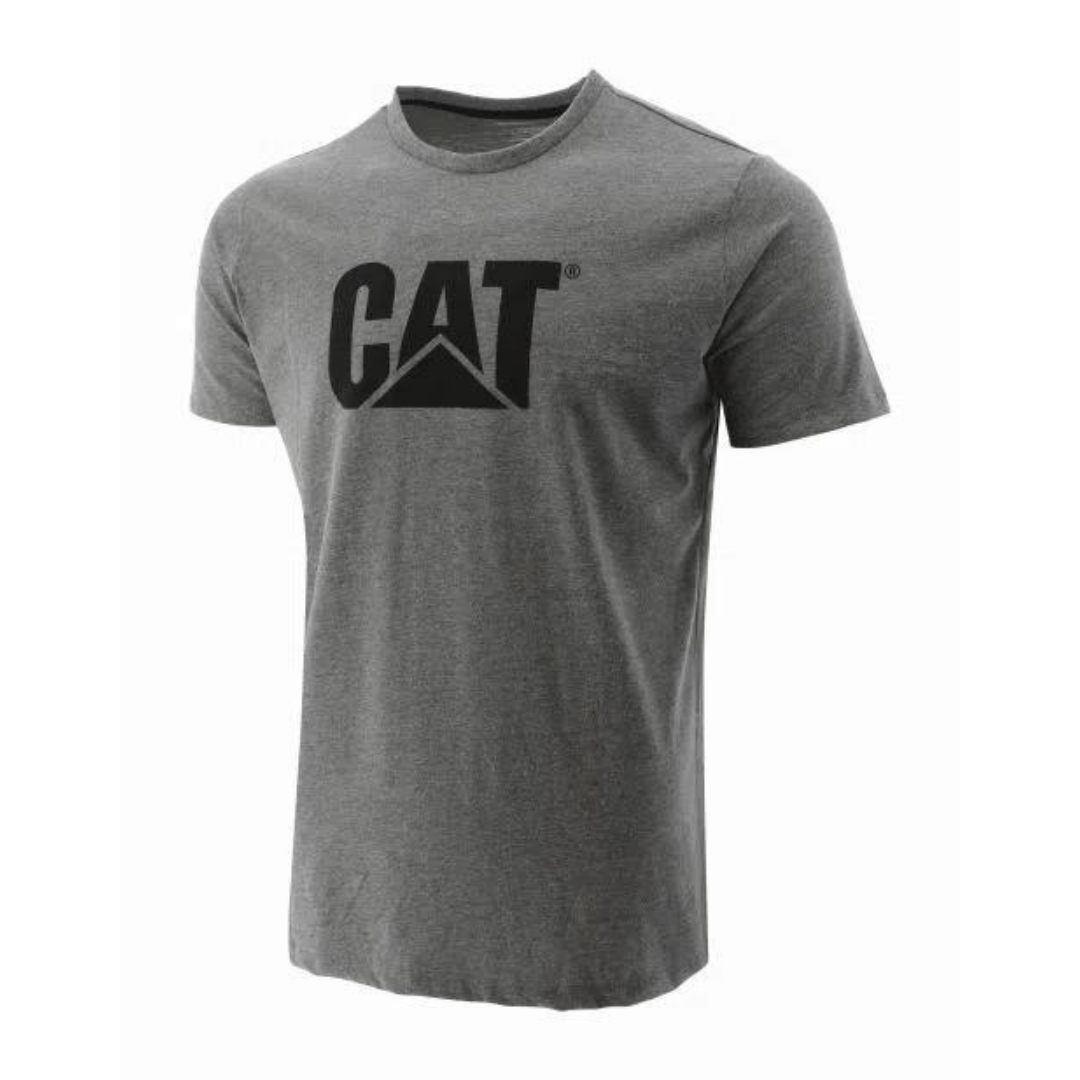 T-SHIRT DE TRAVAIL CAT TRADEMARK LOGO POUR HOMME COULEUR GREY VU DE FACE CORPS DU CHANDAIL GRIS CHINÉ, LOGO CAT IMPRIMÉ EN GÉANT AU DEVANT EN NOIR