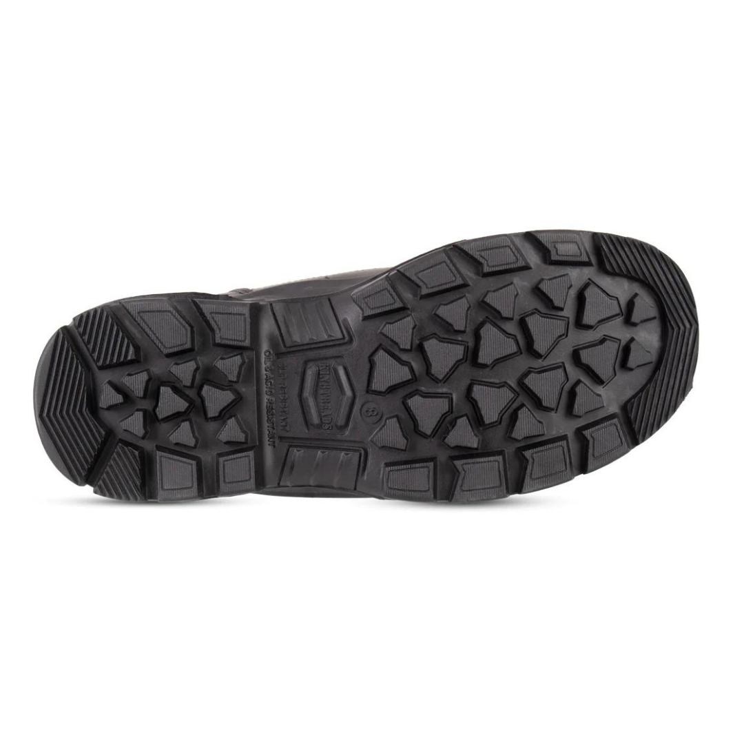 BOTTE DE SÉCURITÉ KINGTREADS WINNIPEG 8″ CSA POUR HOMME vue de la semelle d,'usure à large crampons, de couleur entièrement noire